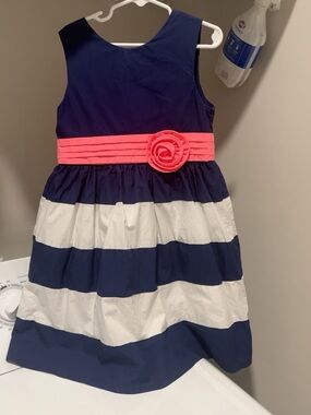 Hartstrings Navy and White Striped Dress with Coral Pink Sash
